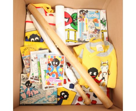 Robertsons Golly promotional items, includes: (1) &amp; (2) tea towels; (3) jogging suit yellow horse design, 24"; (4) PVC ap