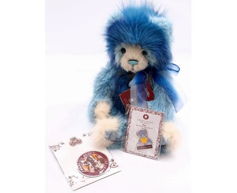 Charlie Bears Misty, CB 212116A, plush, swing label, 14"/36cm; Rheya pin badge; Embers pin badge and iron-on patch set; Excel