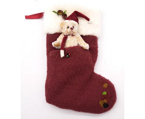 Charlie Bears Socks Berry Red, Pre Production Sample, This Bear is Labelled Sandal, LE/1200, Plush, Red Velvet Hat &amp; Scar