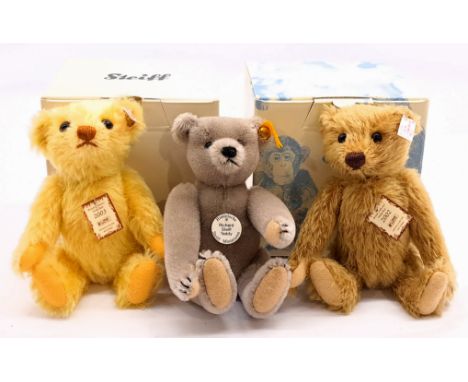 Steiff small teddy bear trio including: (1) Richard Steiff Teddy, yellow tag 029172, chest tag, 6.25"/16cm; (2 &amp; 3) UK Ba
