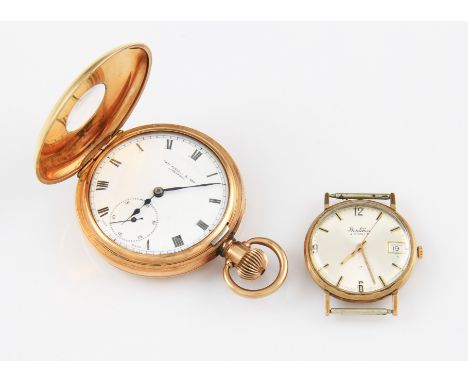 A rolled gold Thomas Russell & Son crown wind half hunter pocket watch, the white enamel dial having hourly Roman numeral mar