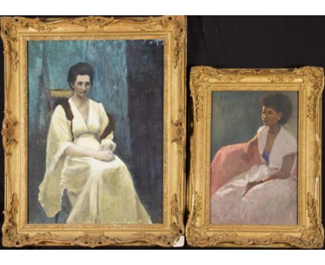 JEAN STAFFORD CUTHBERT. Two framed, 20th Century oils on board, one signed, portrait of a seated woman in pink dress, the oth