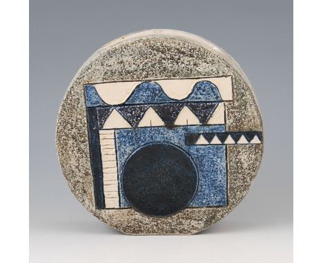 A 20th Century Troika studio pottery medium wheel vase, the design consisting of tonal blue and cream colours on light grey b