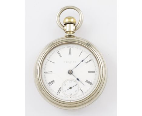 A white metal crown wind Elgin pocket watch, the white enamel dial having hourly Roman numeral markers with minute track bord