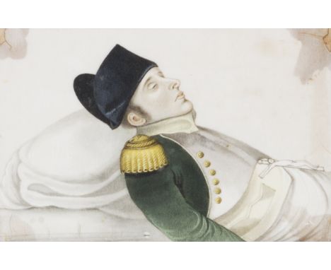 After JOSEPH WILLIAM RUBIDGE (1802 - 1827) Framed, unsigned, watercolour on pith paper, portrait of Napoleon on his deathbed.