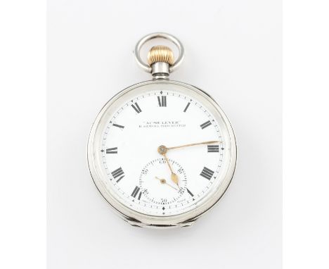 A silver Acme Lever H. Samuel crown wind pocket watch, the white enamel dial having hourly Roman numeral markers with minute 