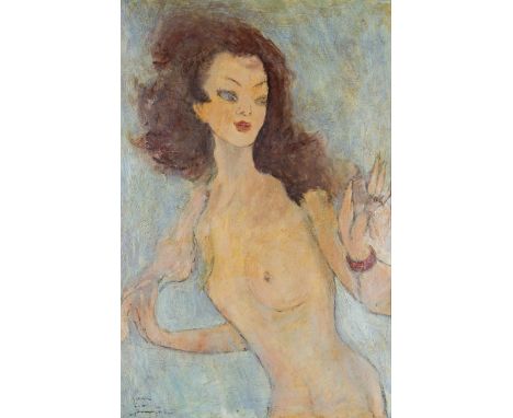 Follower of JEAN- GABRIEL DOMERGUE (1889 - 1962) Framed, bears name, half length portrait of a nude female figure, with red c