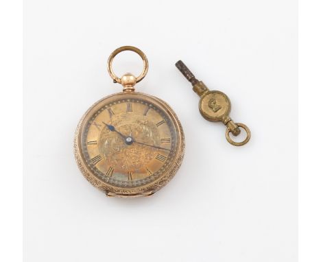 A 14k yellow gold cased key wind fob watch, the gold tone face having hourly Roman numeral markers and minute track border, c