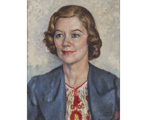 MARIAN HARBORD. Framed, signed, 20th Century oil on canvas, bust length portrait of a lady with red and white floral blouse a