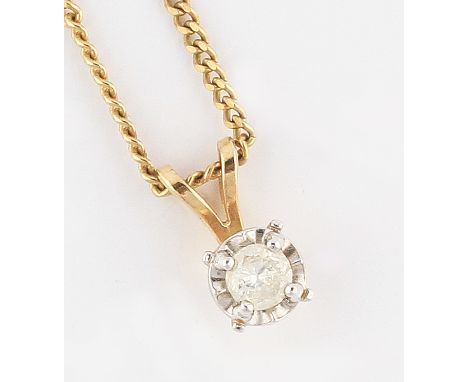 A yellow metal diamond pendant, set with a round brilliant cut diamond, approx. 0.20ct, with fluted surround, stamped 10k, on