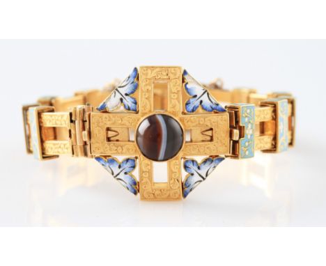 A Victorian yellow metal banded agate and enamel bracelet, with articulated links, the central piece of octagonal form with o