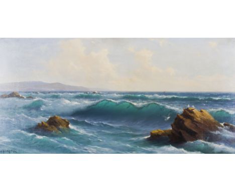 JAMES H. C. MILLAR (c. 1864 - 1924) Framed, signed, oil on canvas, coastal seascape with seagulls perched on rocks as waves c