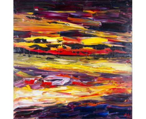 ALAN KNIGHT (b. 1949) Unframed, signed with initials, Contemporary oil on canvas, seascape with boats on horizon at sunset, 9