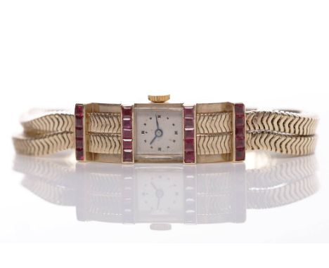 EARLY TWENTIETH CENTURY LADY'S NINE CARAT GOLD RUBY COCKTAIL WATCHunsigned seventeen jewels manual wind movement, the square 