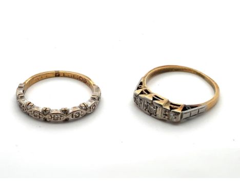 Two diamond rings. A half eternity style ring hallmarked 18ct size L, and a three stone diamond ring, unmarked but tested as 