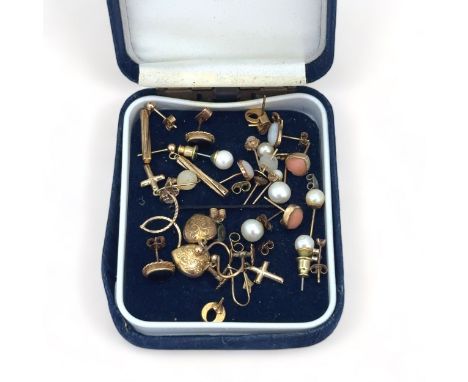 A selection of earrings including a pair of 9ct gold jet earrings with rope twist surround, a pair of 9ct gold coral earrings