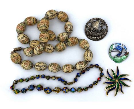 Silver and costume jewellery - includes a Chinese porcelain painted bead necklace, a millefiori bead necklace, a silver and e