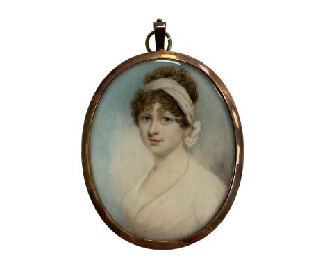 Nathaniel Plimer (British, 1757-1842), Portrait miniature of a lady in white dress with hair band on ivory, blue enamelling t