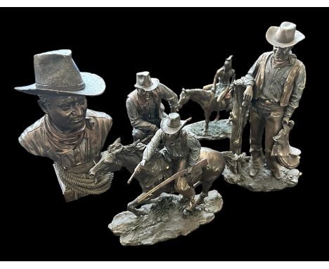 Four John Wayne Cold Casted Statues, including a Native American. All statues are believed to be cold-casted bronze resin. Va