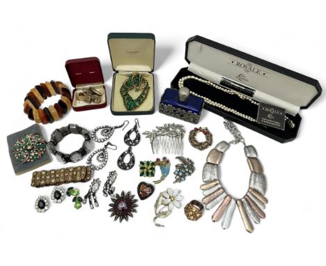 A collection of costume and vintage jewellery, a boxed set of Lotus imitation pearls and a white metal and blue glass scent b