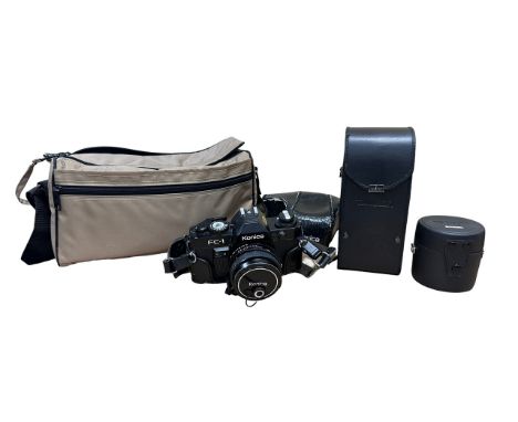 Konica FC-1 Camera, 3 Lenses and Bag. 1x Konica FC-1 Camera with attached Konica Hexanon AR 50mm f1.8 lens, lens bag, neck st