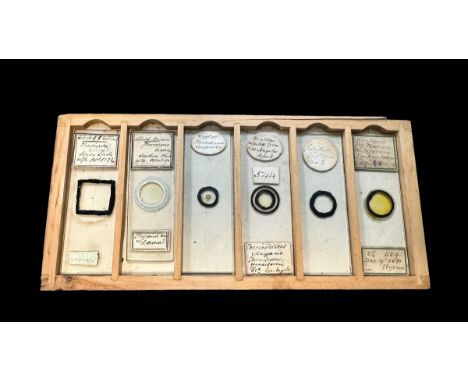 Small Wooden Box of Vintage Microscopic Slides. Box contains 6 trays of 6 slides only 15 have prepared slides. Subject matter