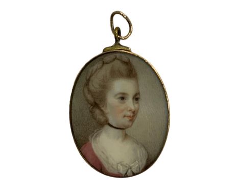 James Scouler (Scottish, 1740-1812), Portrait miniature of a lady in pink dress with bow on ivory. Inscribed to reverse for “