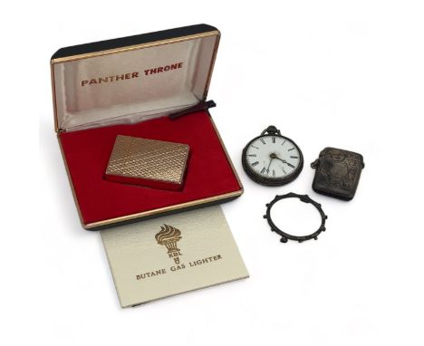 A silver pocket watch (missing crystal), silver vesta case (dented) and a Panther Throne lighter 