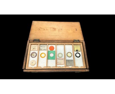 Small Wooden Box of Vintage Microscopic Slides, 22 slides in total showing samples of Fungi, Animals, Drinks, Textiles, Grass