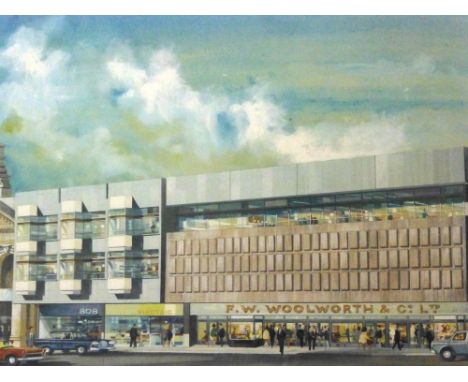 Daniel Adderley,Eastgate Shopping Centre, Gloucester,signed and dated '66,architect's watercolour prior to regeneration for S