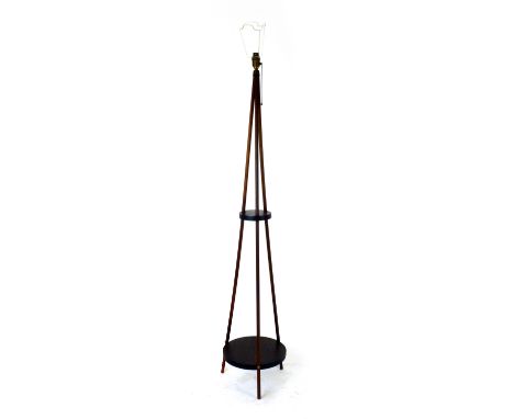 A Danish teak standard lamp supported on a tripod base   CONDITION REPORT:  Working order unknown and not guaranteed, wires c