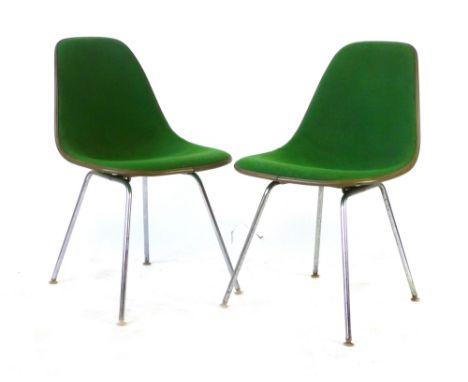 Charles and Ray Eames for Herman Miller, a set of four 1950's side chairs, the green moulded and padded shells on chromed leg