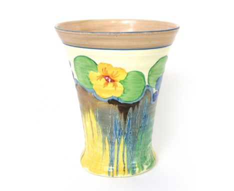 Clarice Cliff for Newport Pottery, a Bizarre Range vase of tapering ridged form decorated in the 'Pansies' pattern, h. 18 cm 