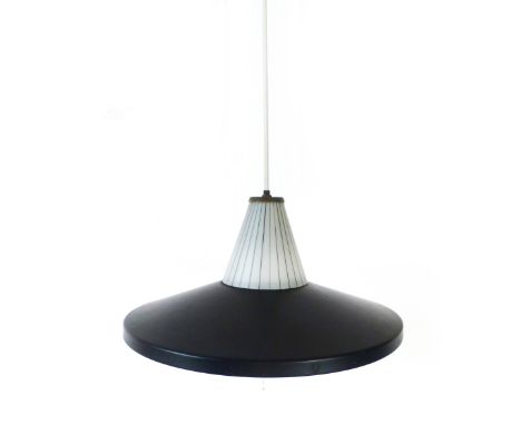 A 1970's black enamelled ceiling light with a glass shaft   CONDITION REPORT:  Working order unknown and not guaranteed, some