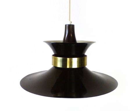 A 1970's brown enamelled three tier ceiling light with a brass coloured band   CONDITION REPORT:  Working order unknown and n