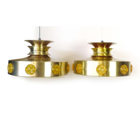 A pair of 1970's brass coloured ceiling light with mustard roundels   CONDITION REPORT:  Working order unknown and not guaran