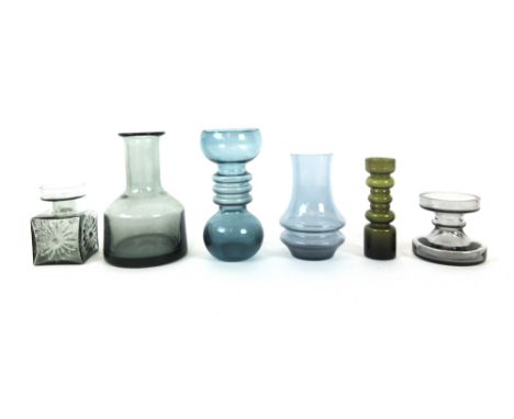 Two Riihimaki grey vases, a Wedgwood tealight holder, a Whitefriars cased glass decanter and two other items of glass