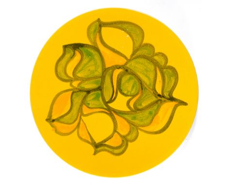 A Poole Delphis charger of circular form decorated with stylised flower heads on a yellow ground, d. 35 cm