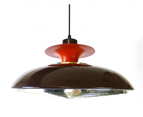 A 1970's brown and red enamelled ceiling light with a metalwork diffuser   CONDITION REPORT:  Working order unknown and not g