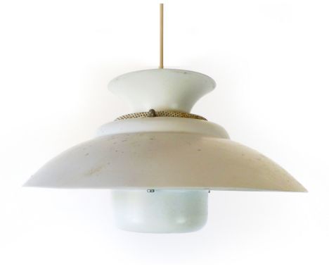 A 1970's white enamelled two tier ceiling light   CONDITION REPORT:  Working order unknown and not guaranteed, some losses to