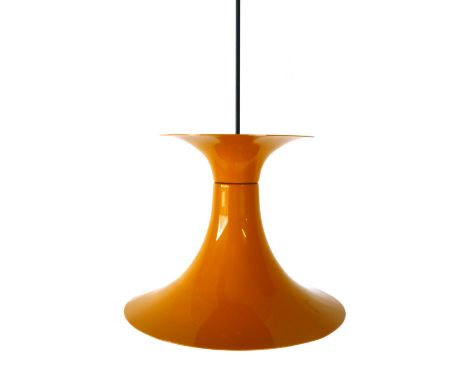 A 1970's orange enamelled ceiling light of flared form   CONDITION REPORT:  Working order unknown and not guaranteed, some lo