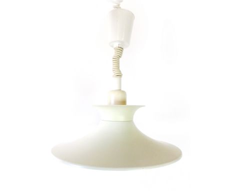 A 1970's white enamelled ceiling light in the manner of Louis Poulsen   CONDITION REPORT:  Interior shaft broken, Working ord