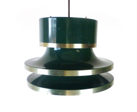 A 1970's green enamelled three tier ceiling light of squat form with brass coloured bands   CONDITION REPORT:  Working order 