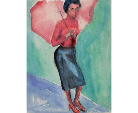   Aquarell Monogr. JM  "Junge Frau mit Regenschirm" um 1950 u. re. monogr. JM 53 x 40 cm, o. R. Provenienz: Sammlung Norbert 