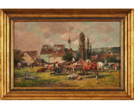   Gemälde Karl Stuhlmüller  1859 München - 1930 Etzenhausen "Viehmarkt im Dachauer Land" u. re. sign. u. bez. K. Stuhlmüller 