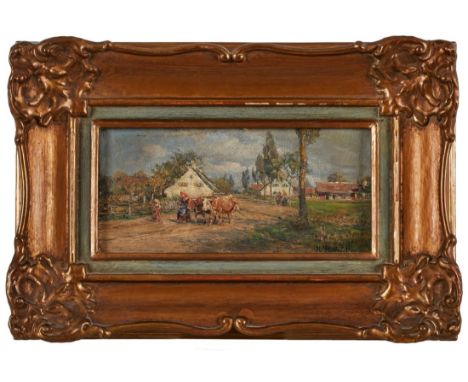   Gemälde Karl Stühlmüller  1859 München - 1930 Etzenhausen "Dorfszene im Dachauer Land" u. re. sign. K. Stuhlmüller Öl/Lwd.,