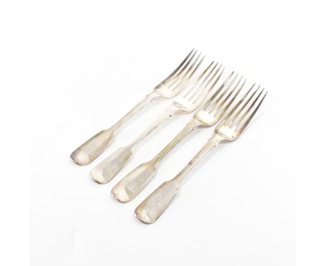 A group of four Edward VII forks, hallmarked London 1846. Each fork having a fiddle pattern and engraved handle with a scroll