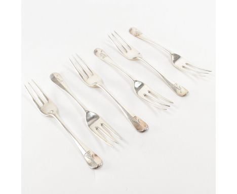 A set of six 19th Century Victorian silver hallmarked trident forks. The fork each having rounded terminals with engraved cre