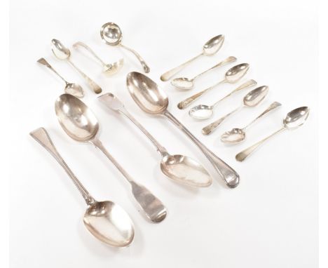 A collection of hallmarked silver flatware. The flatware to include four large serving spoons all hallmarked London including