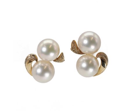 A pair of cultured pearl earrings, each earring with a pair of cultured pearls, untested, each pearl approximately 7.9mm in s